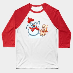 Naughty bunny stealing the carrot nose of a Christmas snowman with a hair dryer Baseball T-Shirt